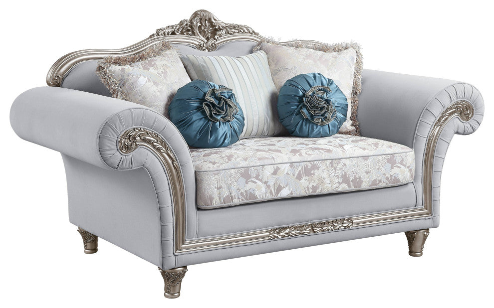Pelumi Loveseat With5 Pillows, Light Gray Linen and Platinum Finish