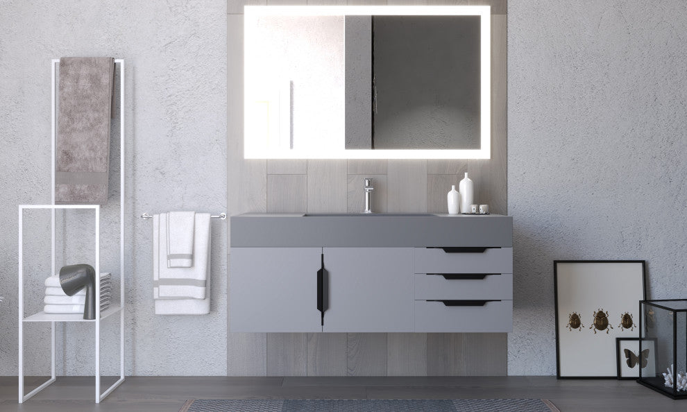 CastelloUSA Amazon 48" Wall Mounted Vanity Set, Gray, Gray Top, Black Handles