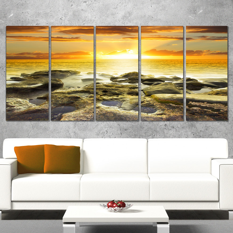 Beautiful Orange Sundown Beach, Seashore Canvas Art Print, 60"x28", 5 Panels