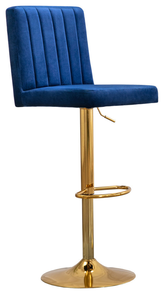 Yuri Swivel Adjustable Height Velvet Bar Stool in Gold, Set of 2, Navy