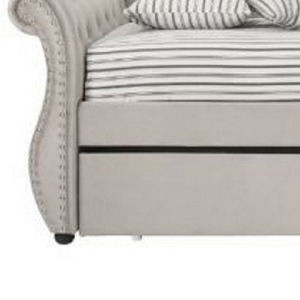 Benzara Wood Daybed With Trundle, Button Tufted With Nailhead Trim, Beige