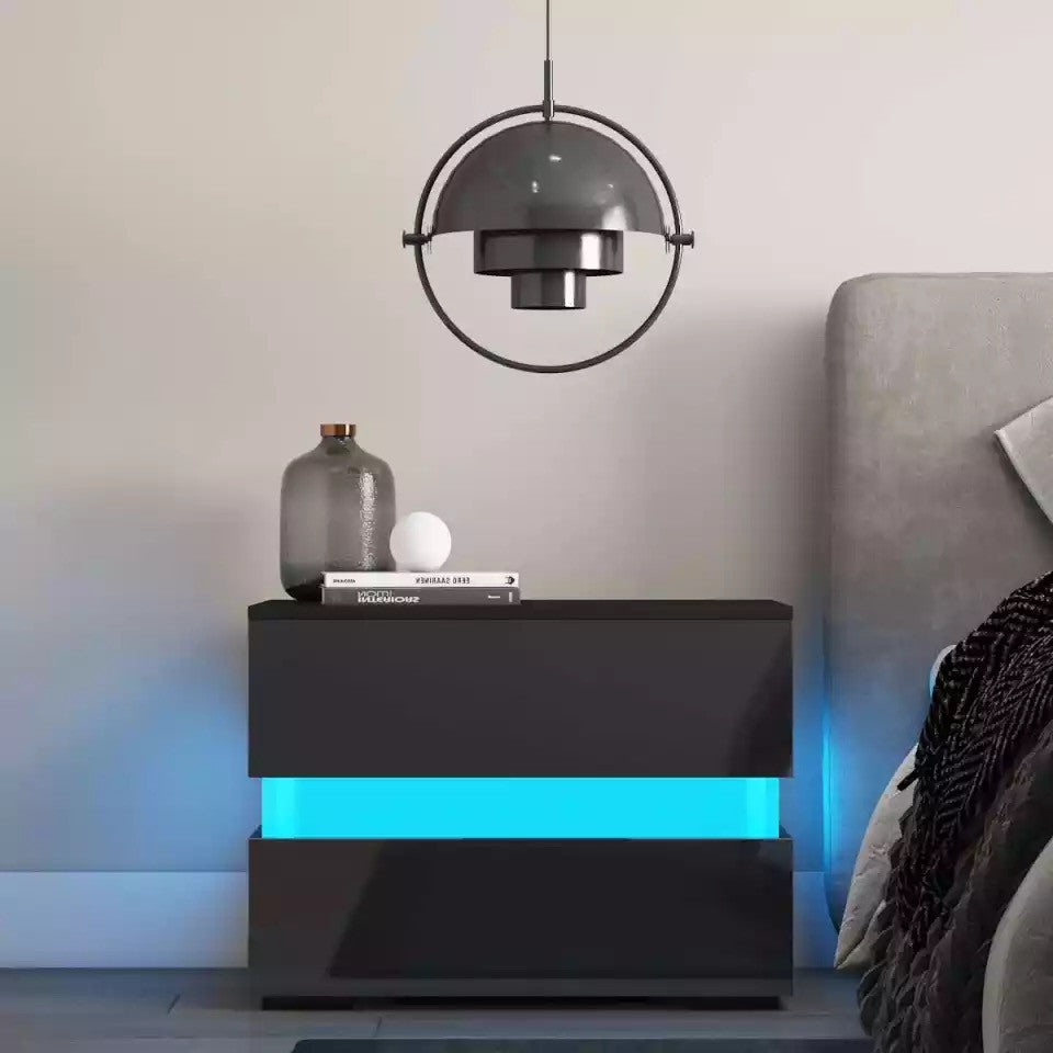 Modern LED Light Nightstand w/2 Drawers with 20 Colors, Black
