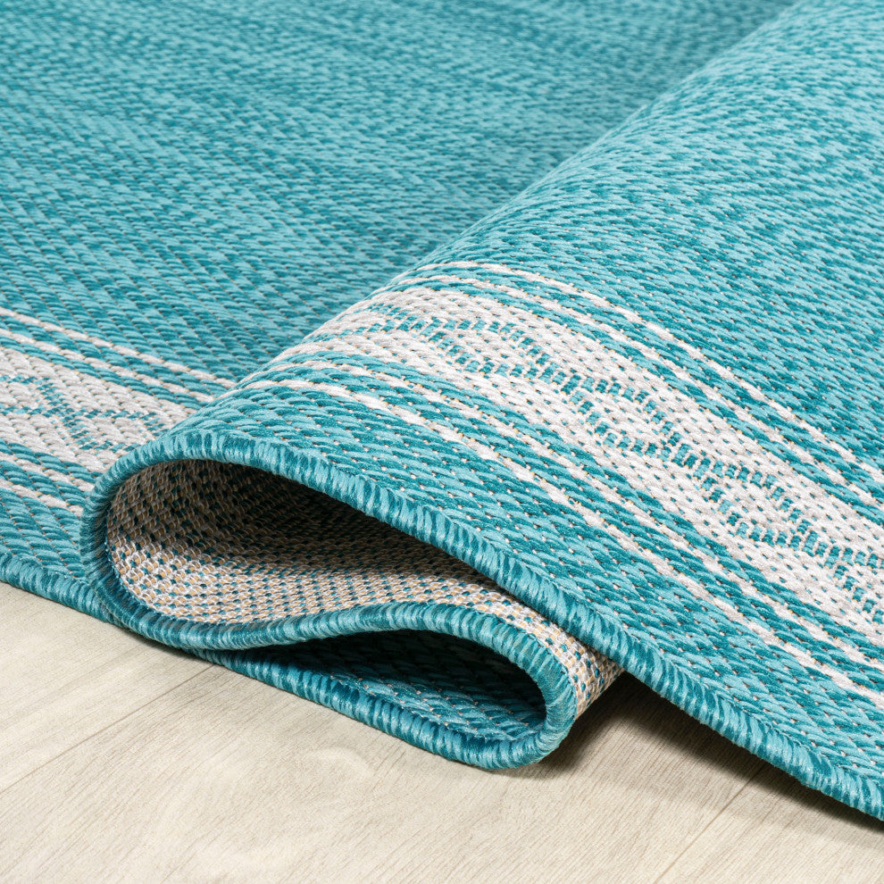 Lucia Classic Diamond Border Indoor/Outdoor Area Rug, Aqua/Light Gray, 8x10