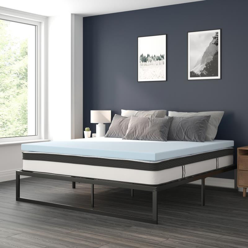 14" Metal Platform Bed Frame, 10" Pocket Spring Mattress & Memory Foam Topper, Black, Queen