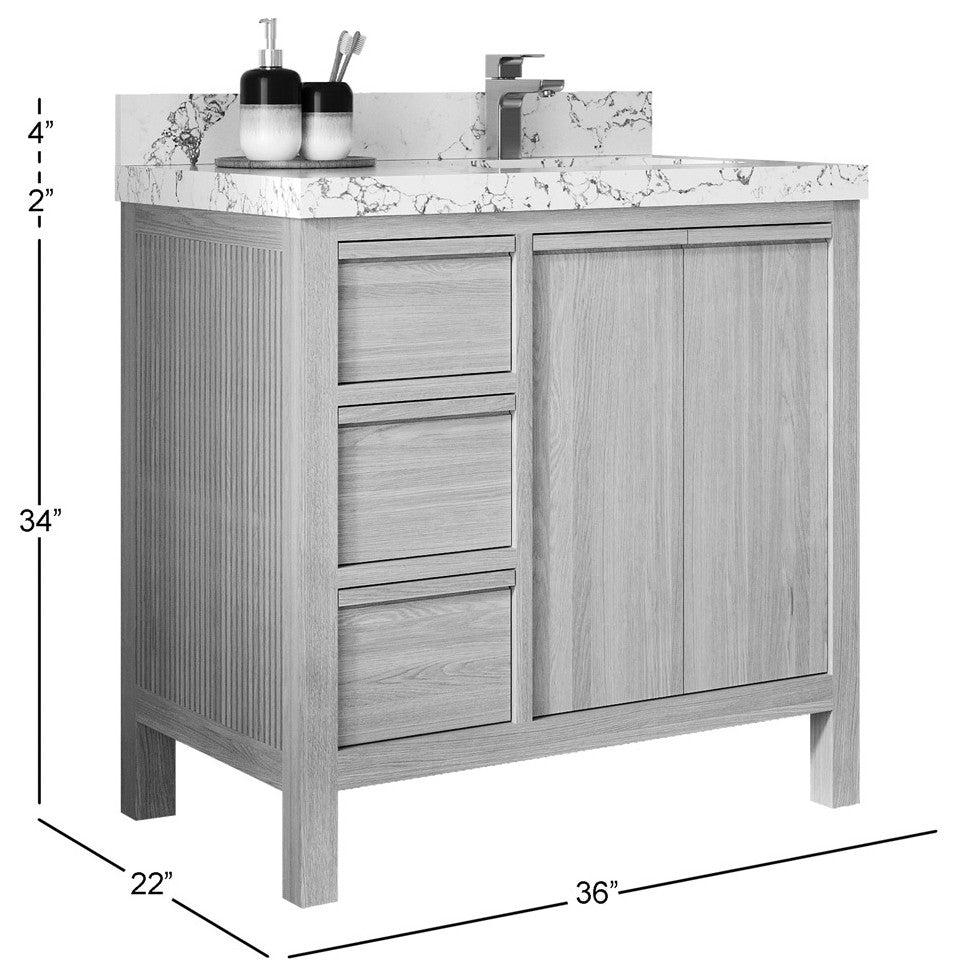 Elizabeth Oak 36" Right Offset Sink Vanity, White 2" Empira Quartz