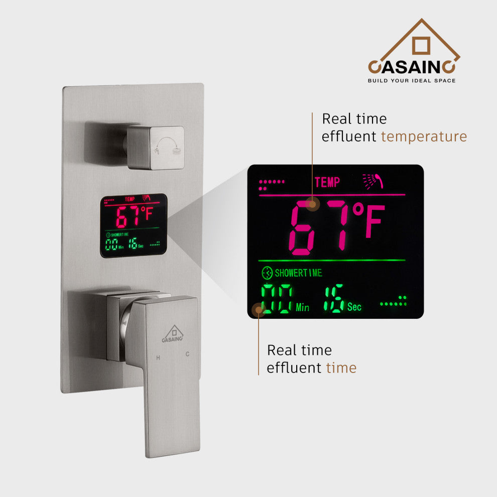CASAINC 10" Wall Mounted Luxury Shower System Set with Digital Temp Display, Brushed Nickel
