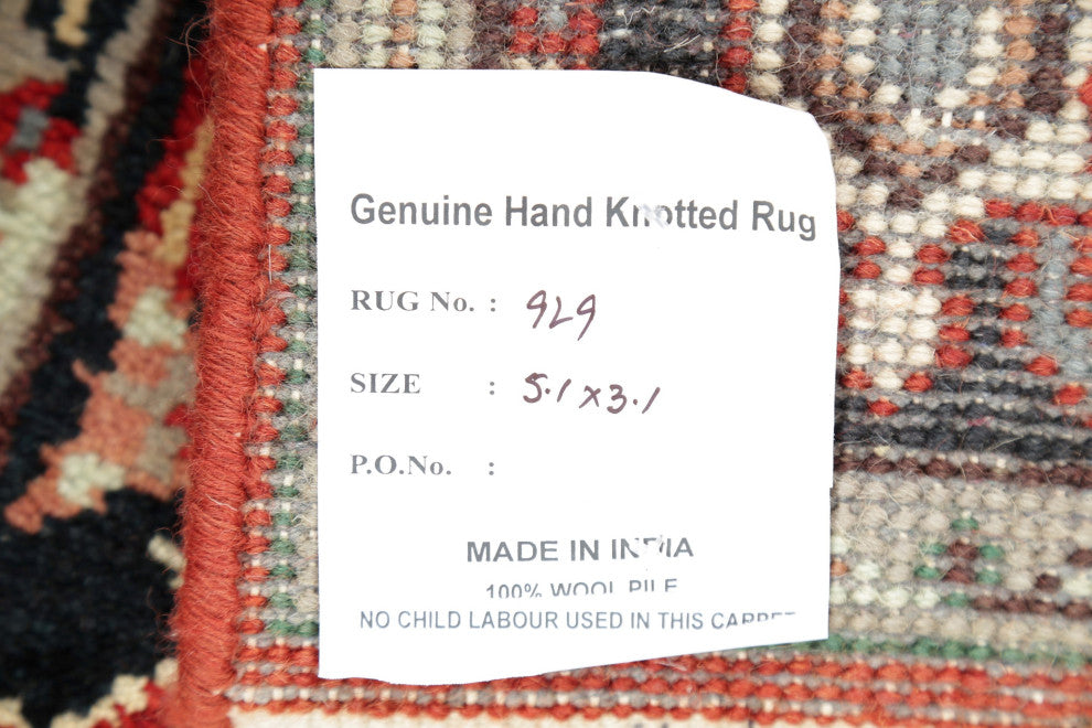 Hand-Knotted Oriental Traditional Indian Heriz Area Rug, Red, 5'1"x3'1