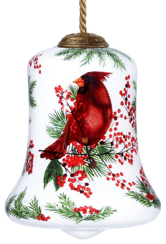 Cardinal Perched on Winter Berries Hand Painted Mouth Blown Glass Ornament