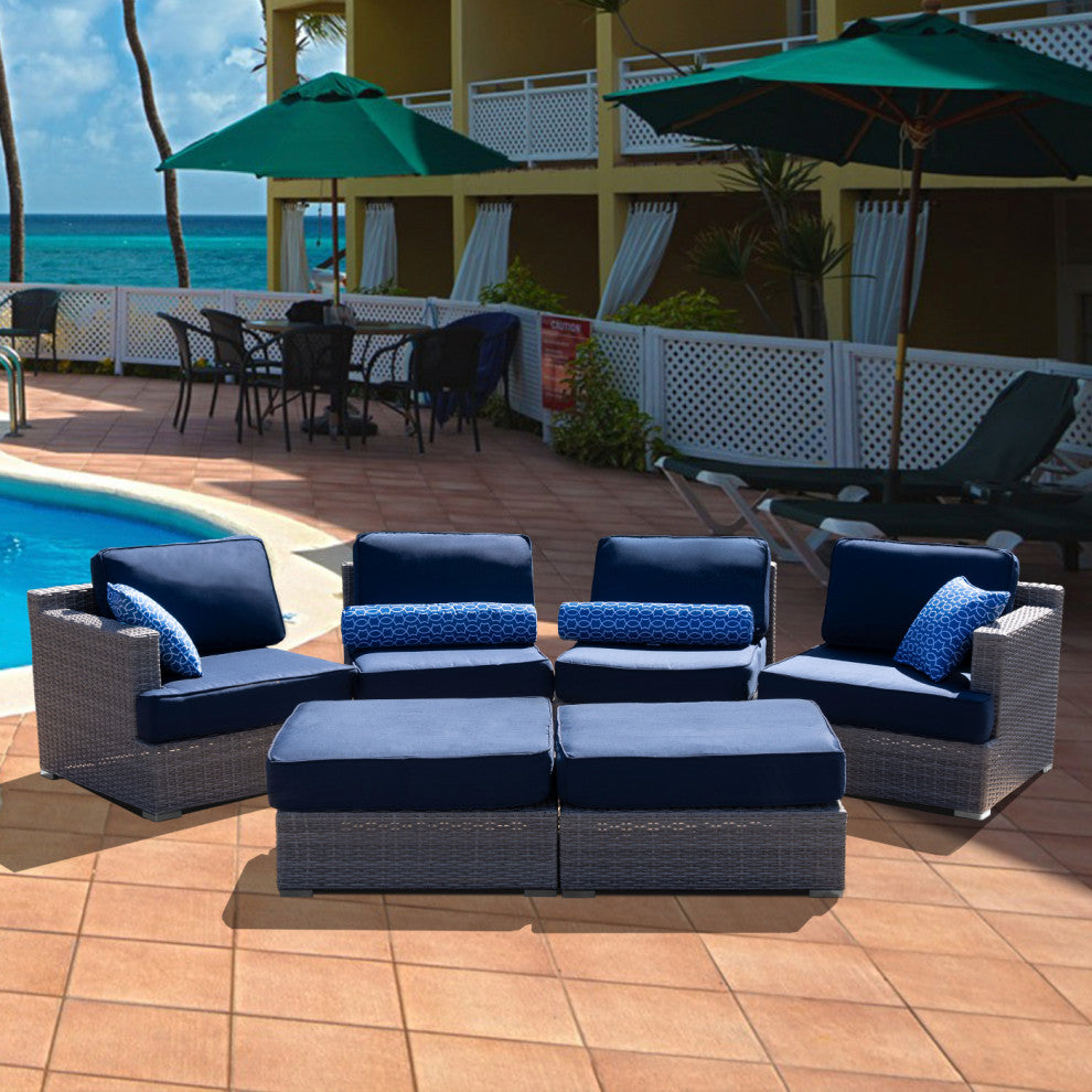 Polyethylene (PE) Wicker 6 Piece Patio Furniture Set, Fully Assembled, Navy Blue