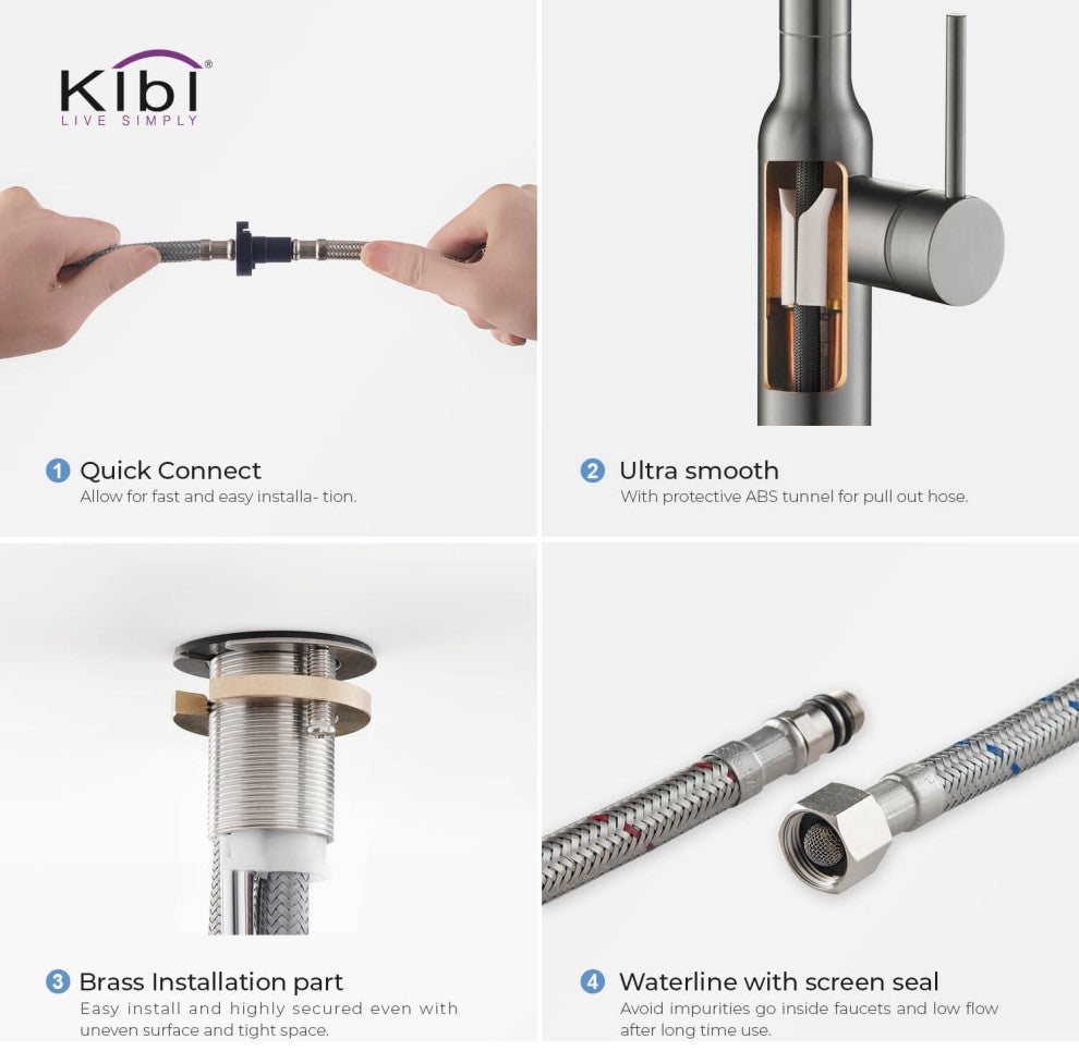 KIBI Hilo Single Handle Pull Down Kitchen Faucet, Titanium, W/ Soap Dispenser
