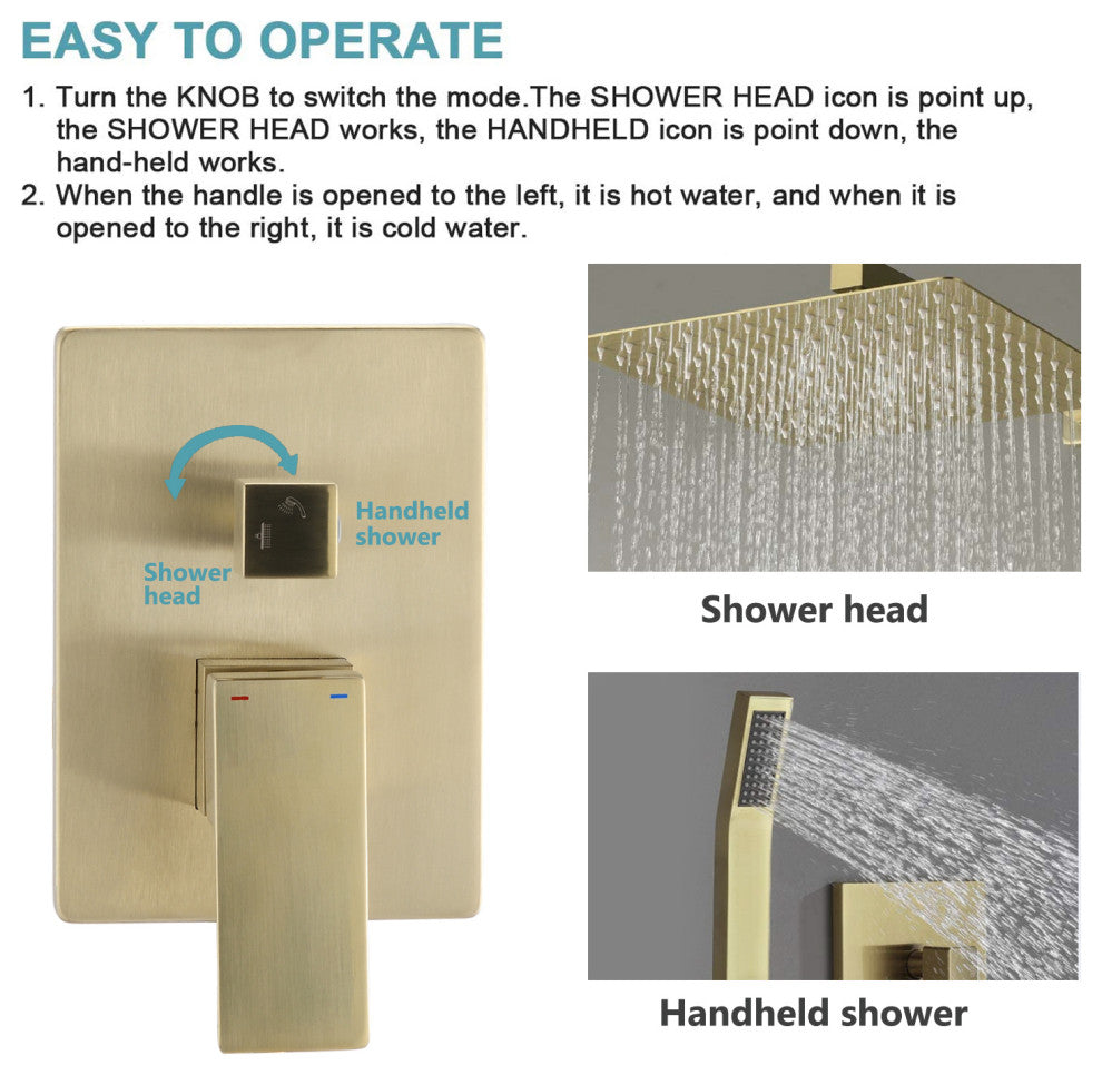 Ceiling Mounted Shower System Set With 10" Rain Shower Head, Brushed Gold