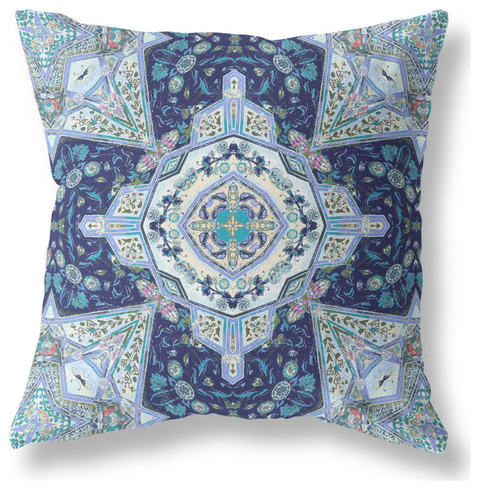 20" Indigo Blue Boho Floral Geo Suede Throw Pillow