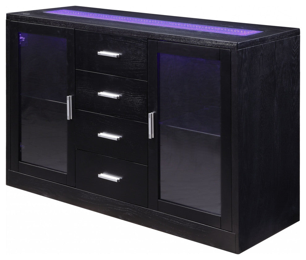 HomeRoots 18" X 52" X 34" Black Wood LED Glass Server