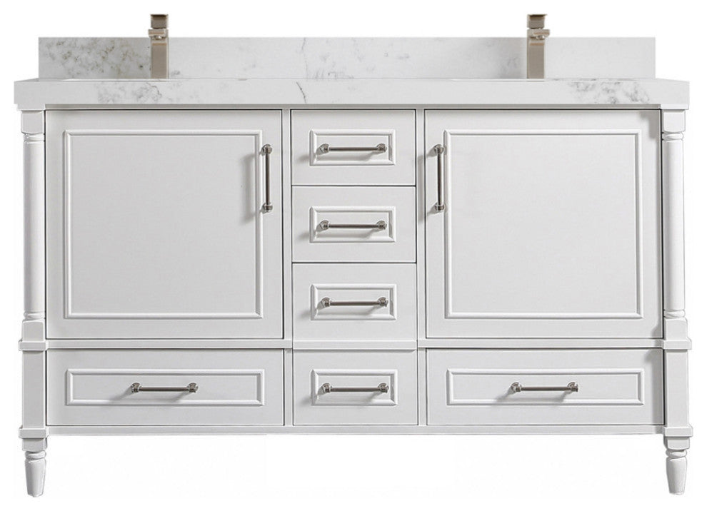 Aberdeen 60 Double Bathroom Vanity in White 2" Calacatta Nuvo
