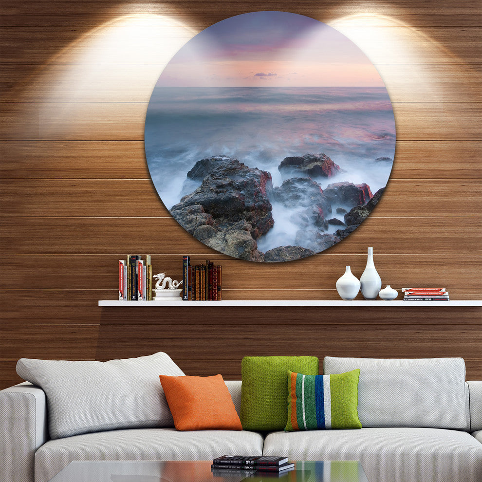 Blue Rocky Sea Beach Sunset, Modern Landscape Round Metal Wall Art, 36"