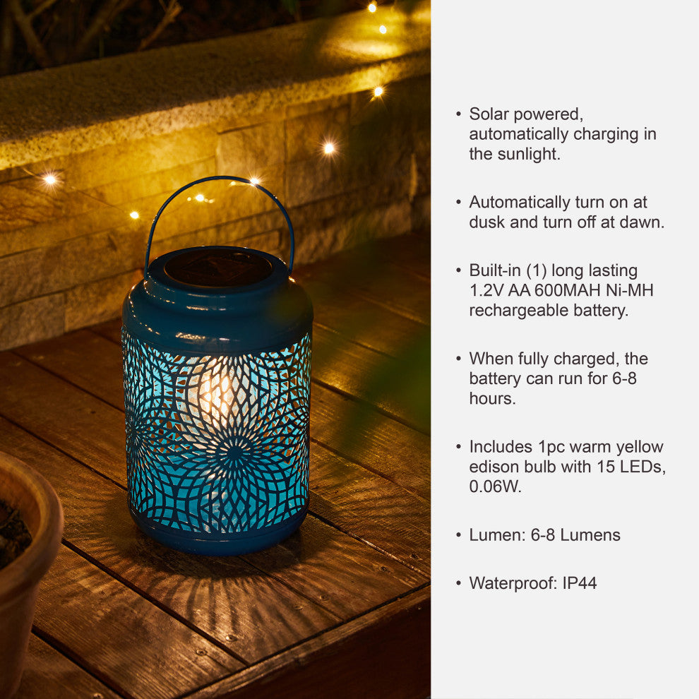 8.75"H Blue Metal Cutout Solar Powered  Lantern