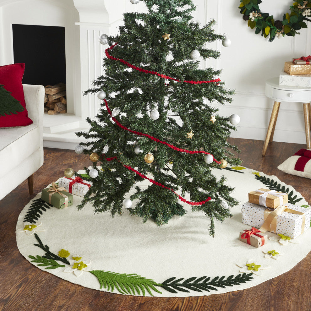 Handmade Christmas Tree Skirt, Felt Greenery on Cream