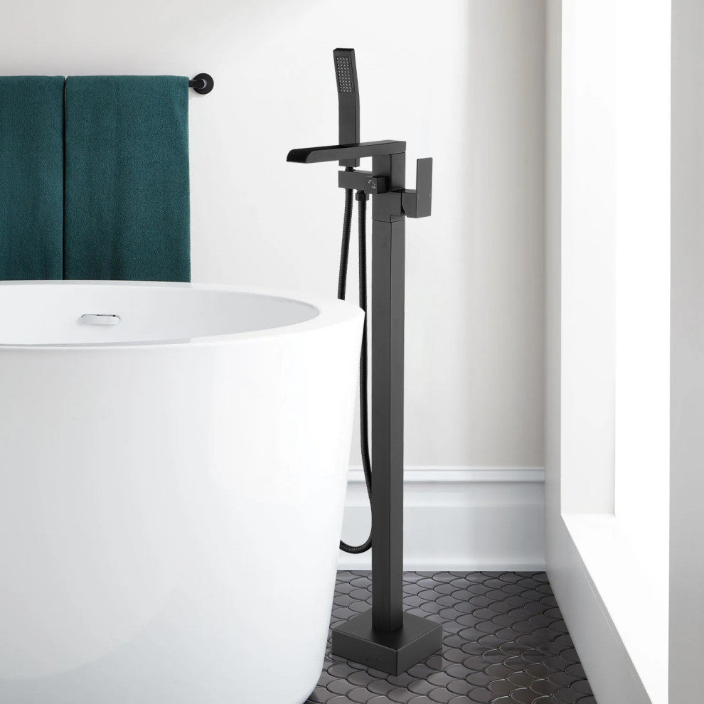 Waterfall Floor Mounted Tub Faucet With Hand Held Shower, Matte Black