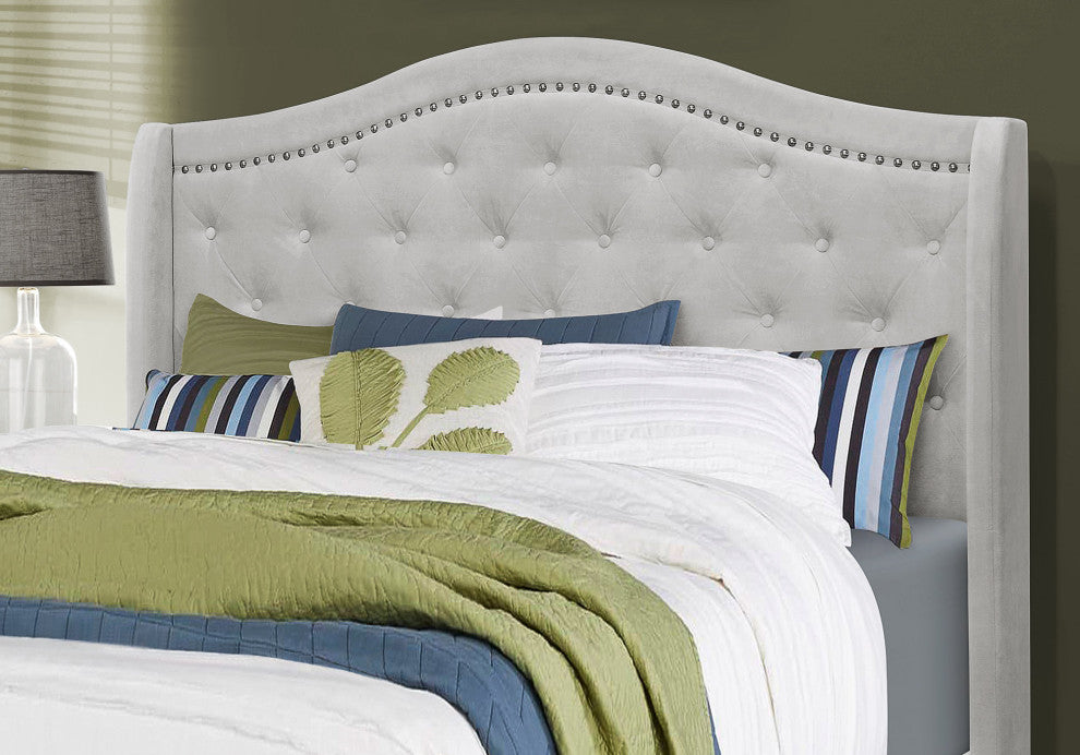 Bed, Queen Size, Platform, Frame, Upholstered, Velvet, Wood Legs, Grey