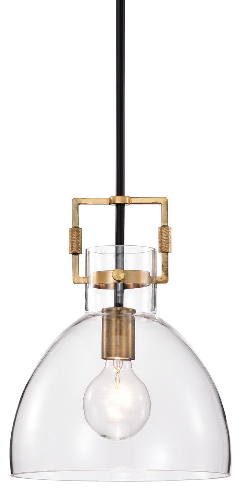 1-Light Black and Antique Gold 10 in. Bowl Glass Pendant