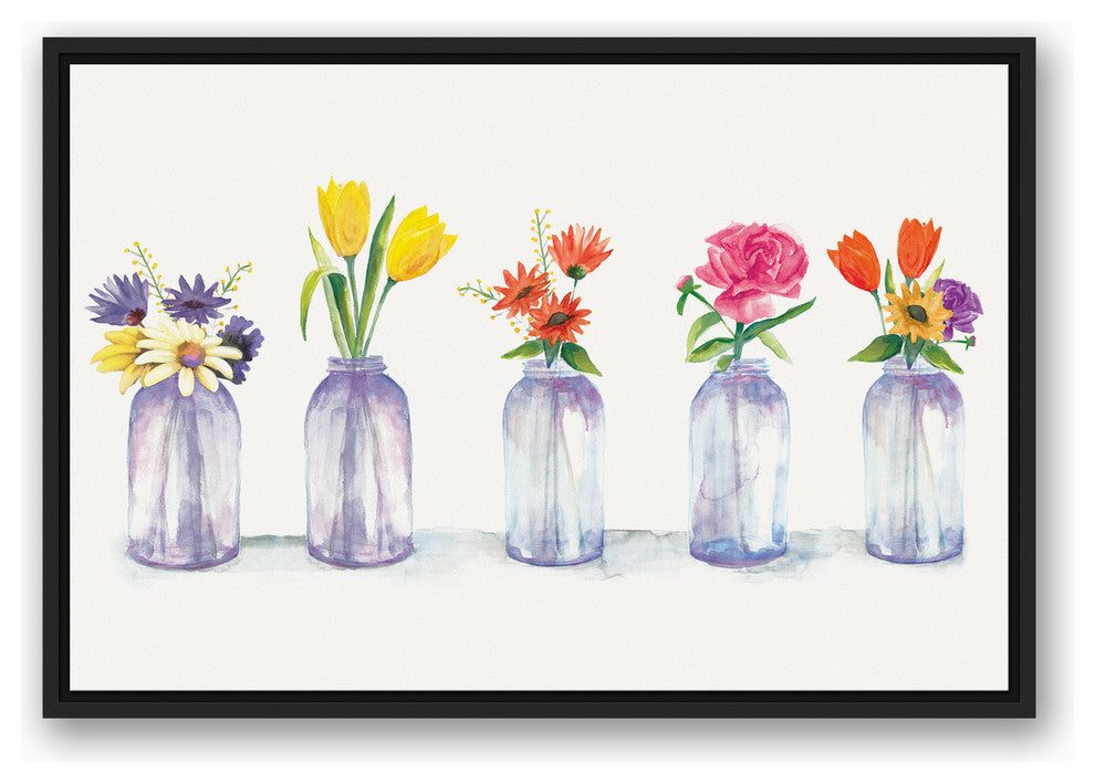 Painted Flowers in Glass Jars Print 20x30 Black Floating Framed Canvas