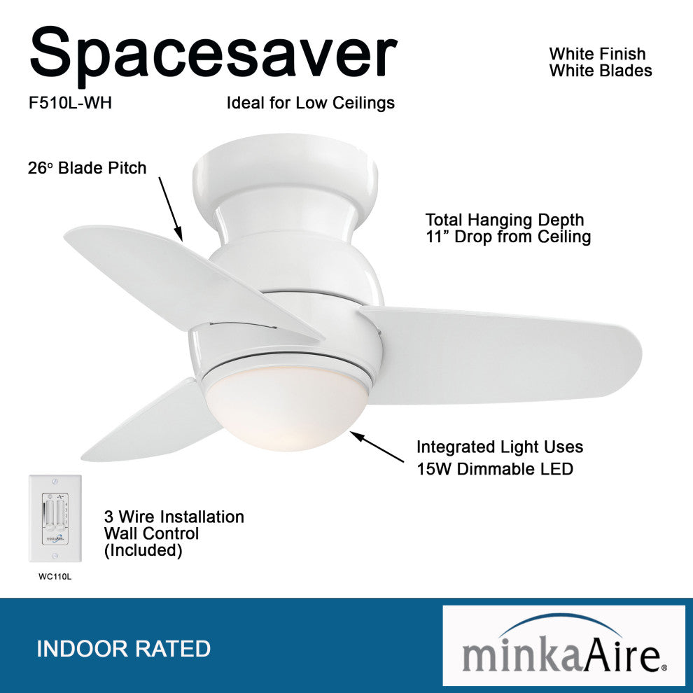 MinkaAire Spacesaver LED Spacesaver 26" 3 Blade Indoor LED Flush - White