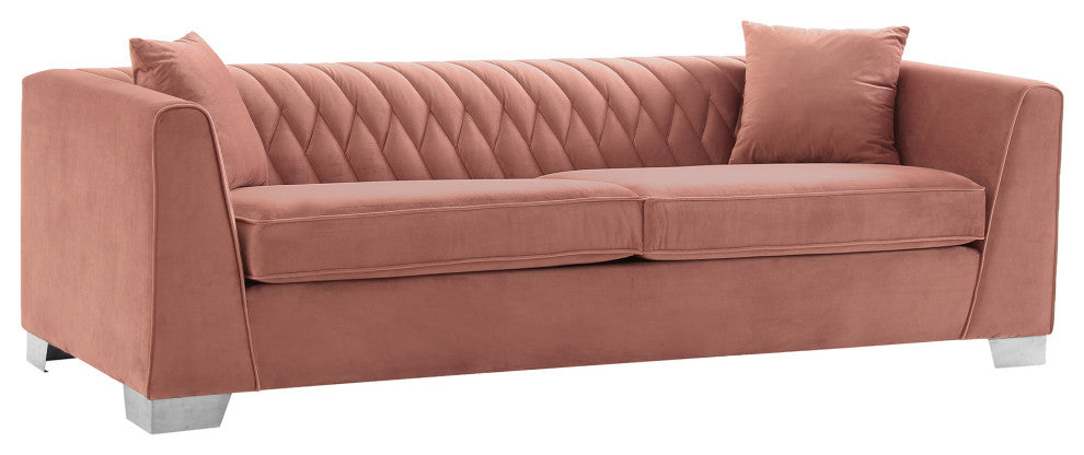 Cambridge Contemporary Sofa, Brushed Stainless Steel and Blush Velvet