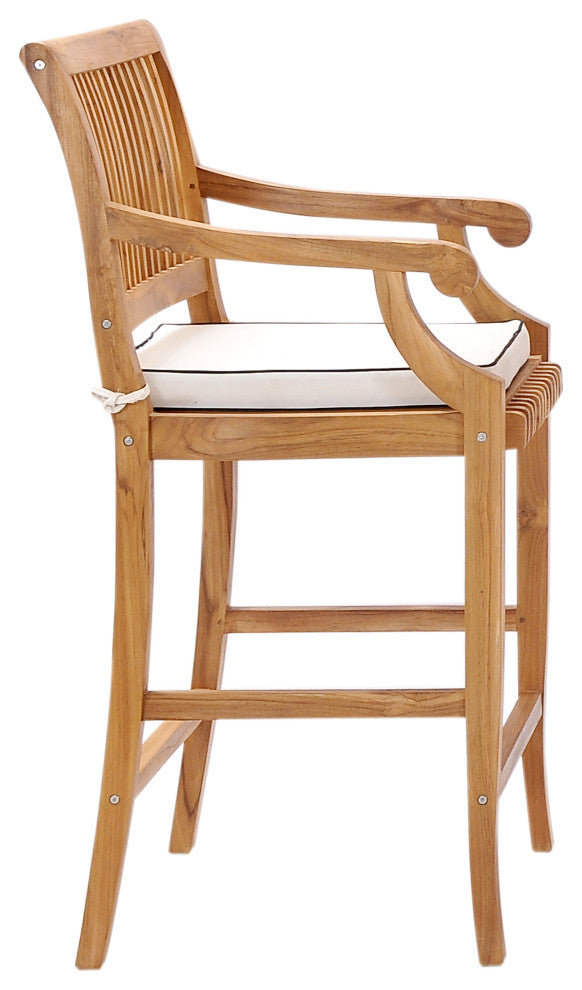 7 Piece Teak Wood Castle 63" Rectangular Bistro Bar Set, 6 Barstools with Arms