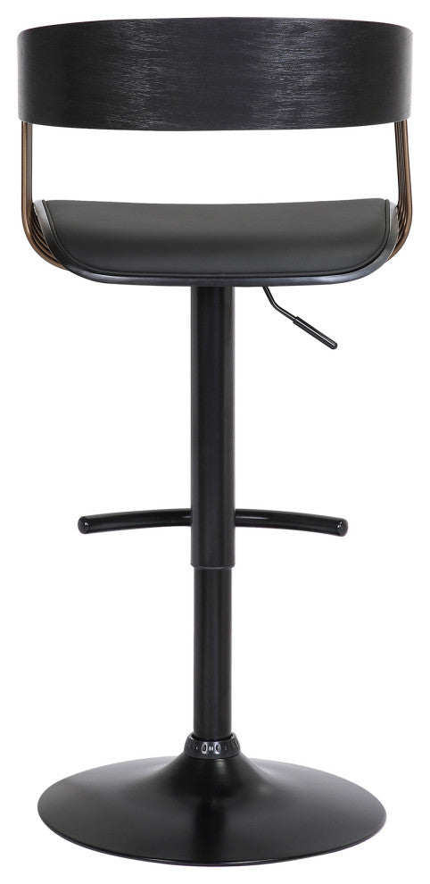 Larisa Adjustable Black Wood Bar Stool Black Faux Leather Bronze and Black Metal