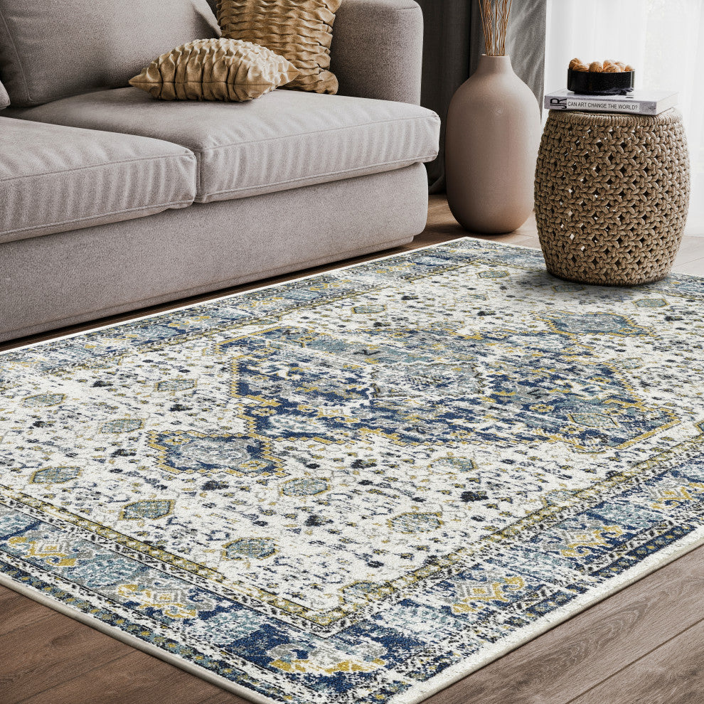 Abani Porto PRT160A Traditional Medallion Blue and Ivory Area Rug