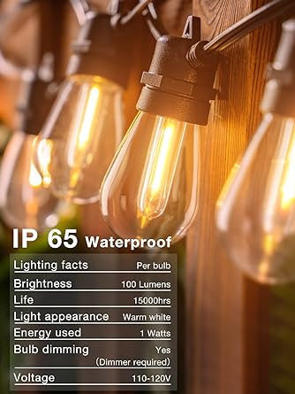 50FT LED Outdoor String Lights with Edison Shatterproof Bulbs