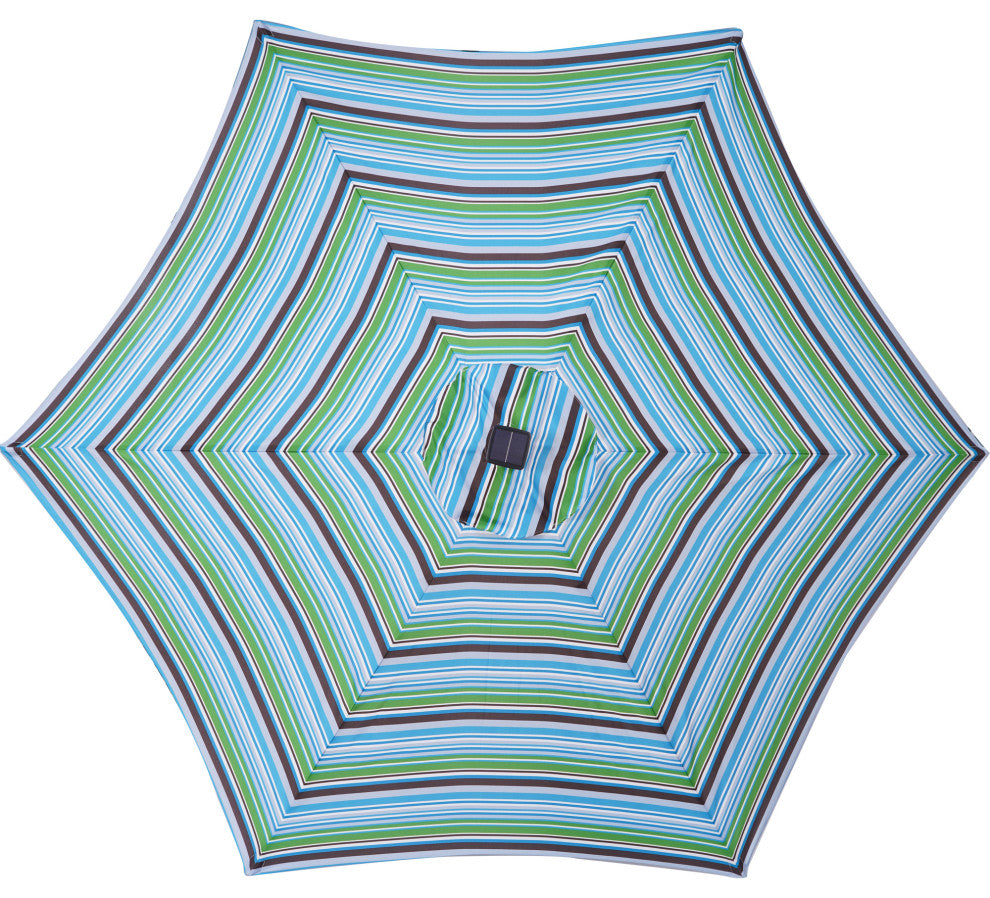 9' Outdoor Patio Steel Market Umbrella With 24 LED Lights, Blue Striped
