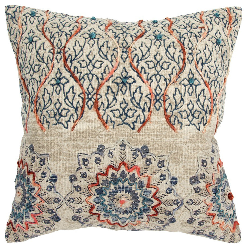 Beige Blue Distressed Floral Pattern Throw Pillow