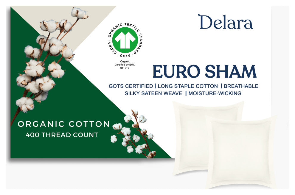 Delara GOTS Certified 100% Organic Cotton Euro Sham Set of 2, Ivory