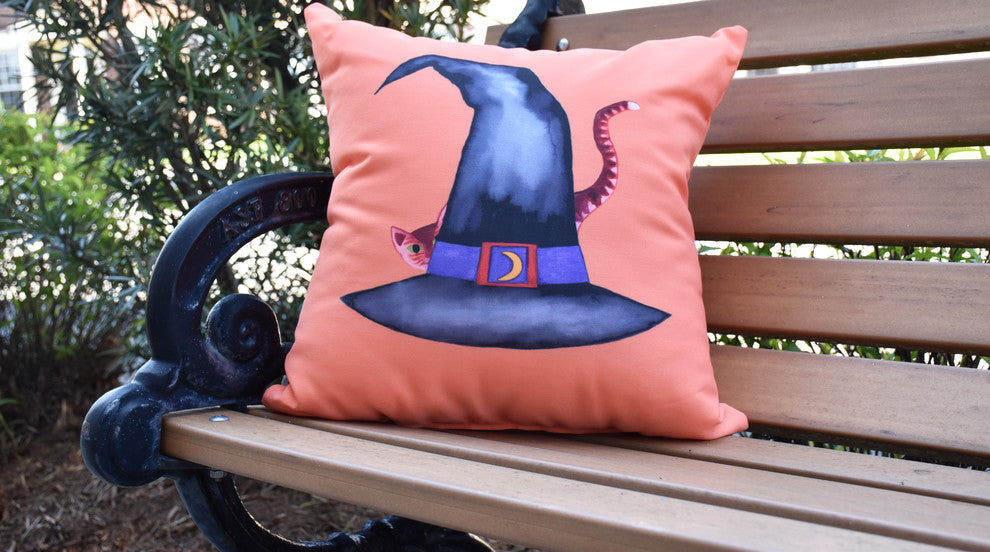 Cat Behind the Hat Orange Halloween Print Decorative Throw Pillow, 20"