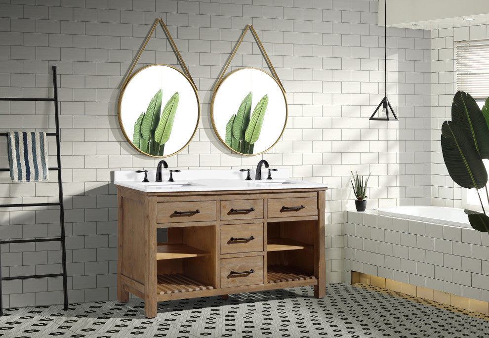Lauren 60" Bathroom Vanity, Weathered Fir Finish, White Engineered Stone Counter