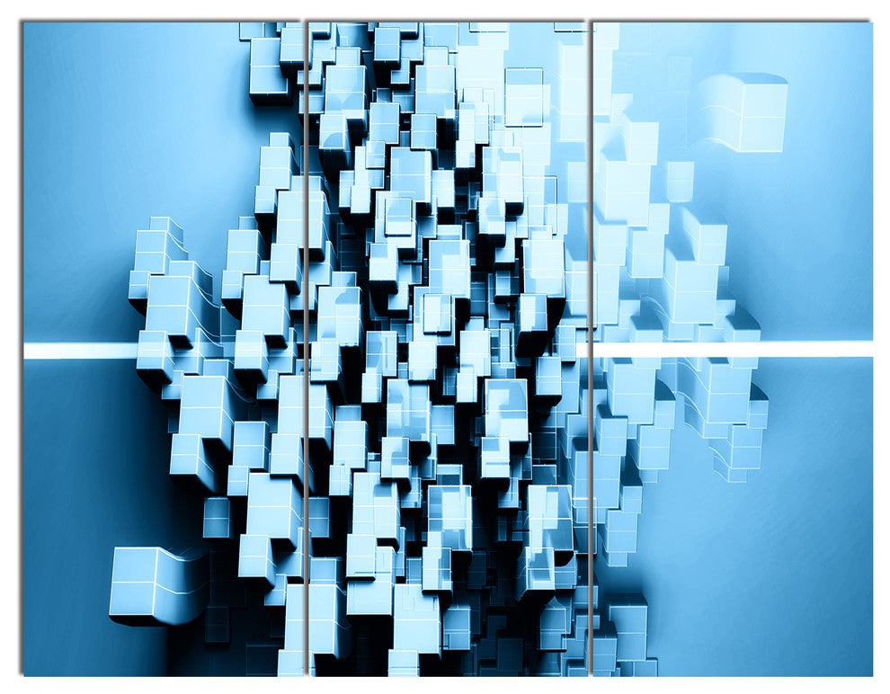Blue 3D Cubes Fractal Design, Abstract Canvas Wall Art Print, 36x28, 3 Panels