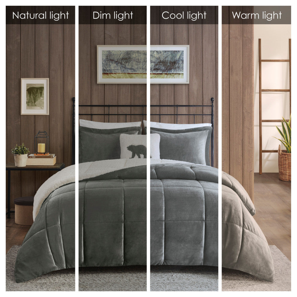 Woolrich Alton Plush to Sherpa Winter Comforter Set, Grey, King