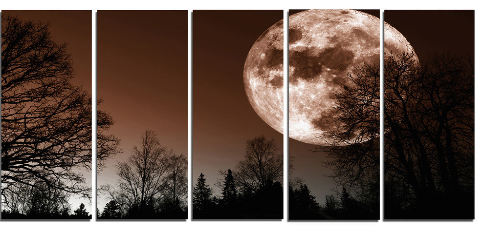 Red Moon Rise over Dark Trees, Landscape Canvas Art Print, 60"x28", 5 Panels