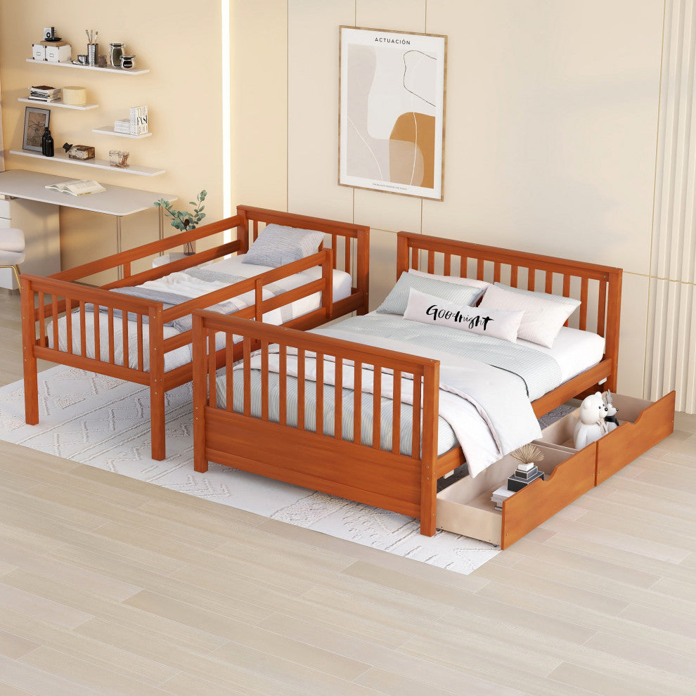 TATEUS Twin Over Full Bunk Bed With Storage Drawers Wood Bunked Bed, Walnut