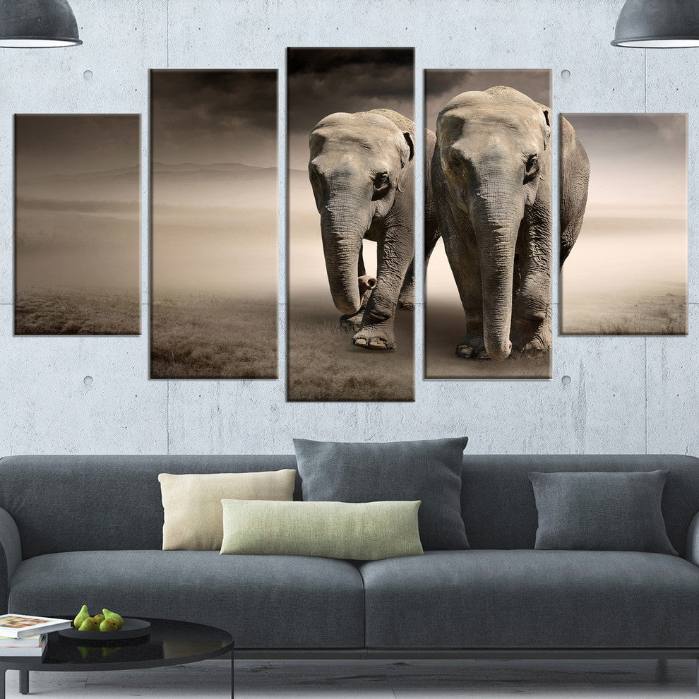 Elephant Pair in Motion, Animal Canvas Wall Art, 60"x32", 5 Panels