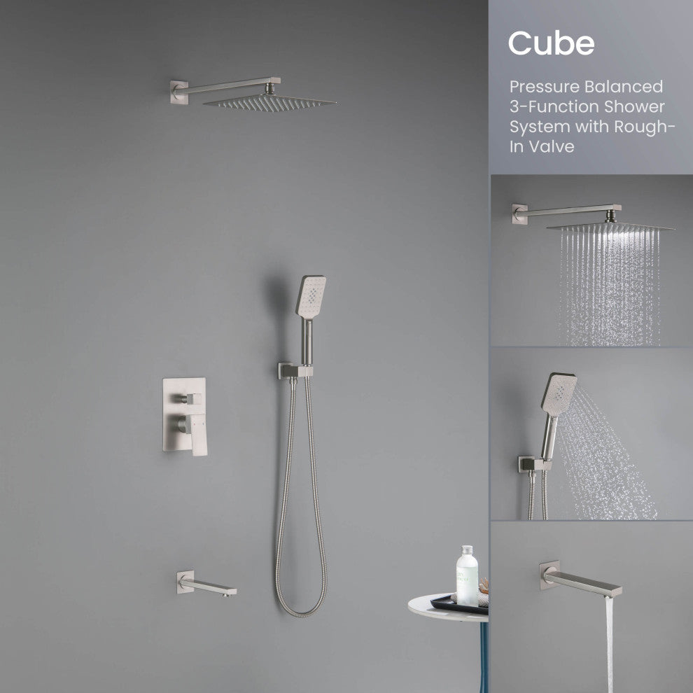 Cube Pressure 3-Function Shower System, Rough-In Valve, Brushed Nickel