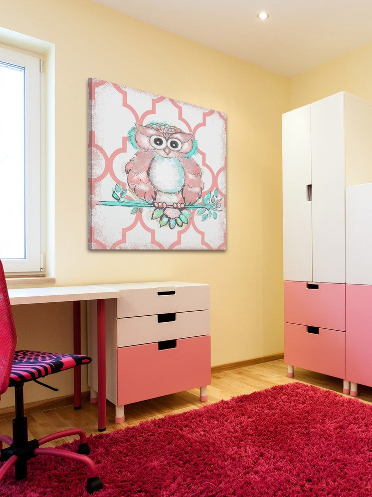 "Coral Owl" by Reesa Qualia Painting Print Wrapped Canvas, 18x18