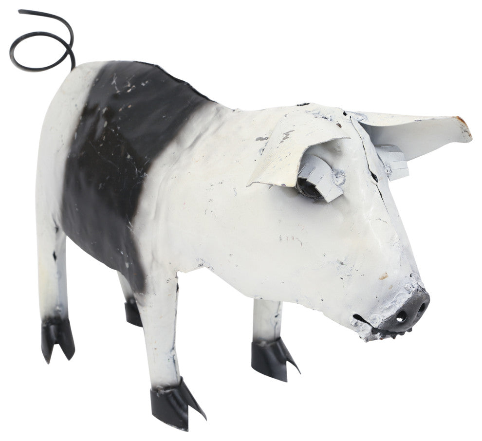 Recycled Metal Standing Pig, Black and White