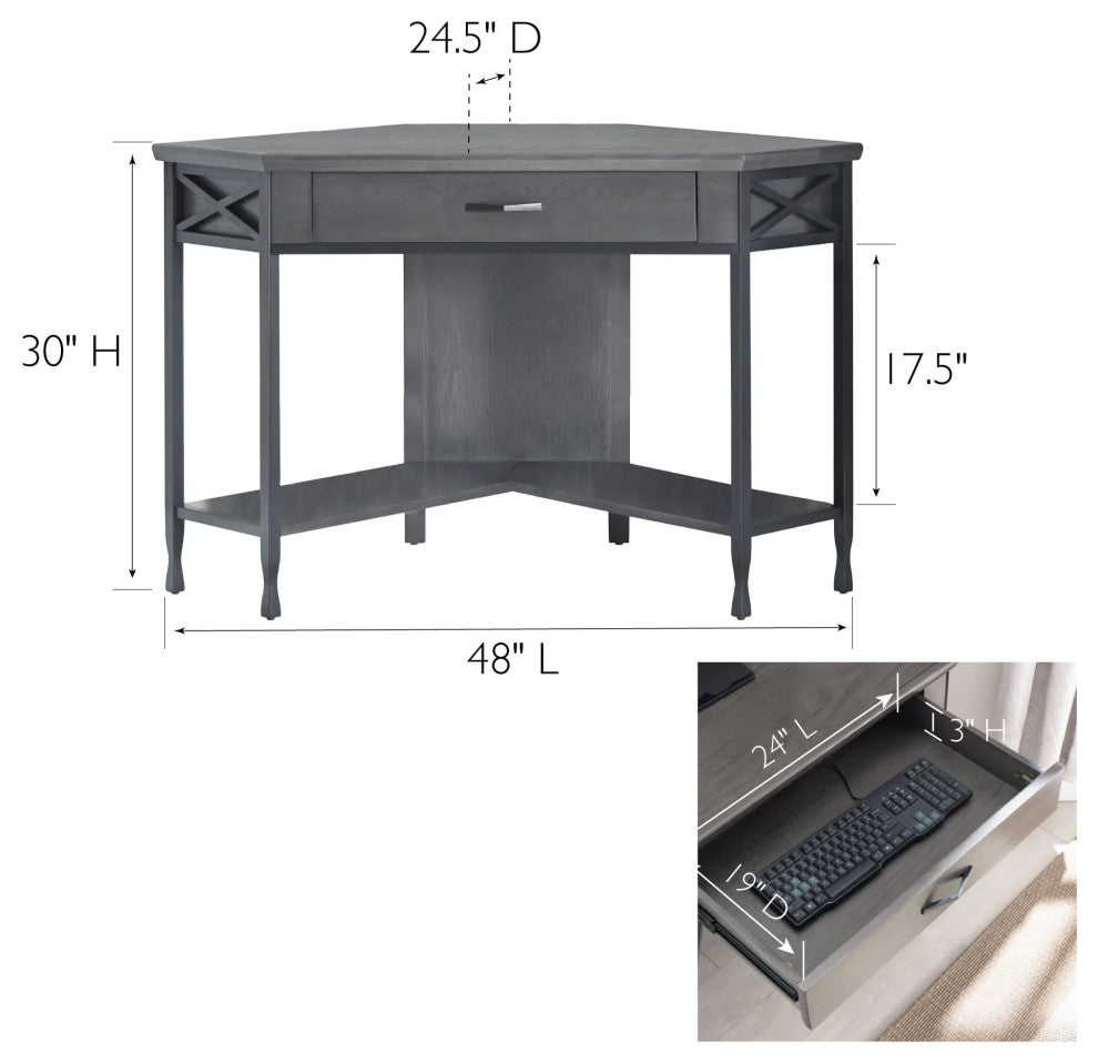 Corner Desk, Hardwood Construction With X-Shaped Accents & Full Extension Drawer