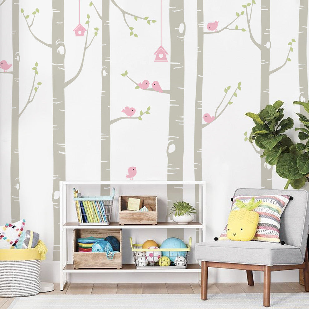 Birch Tree with Bird Wall Decals, Scheme A,Large