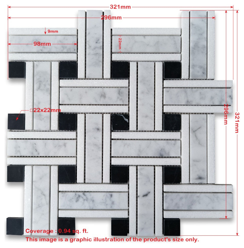 Carrara White Marble Twine Basketweave Mosaic Tile Black White Honed, 1 sheet