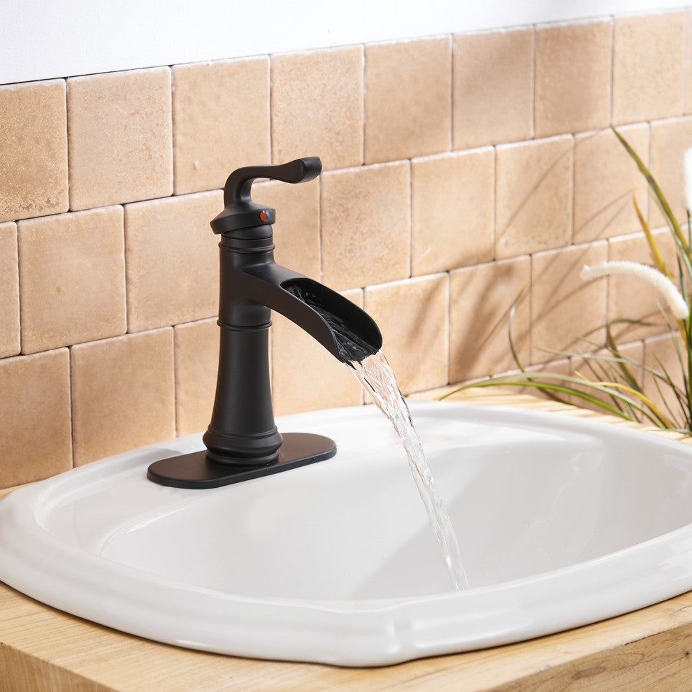 Waterfall Spout Bathroom Sink Faucet with Pop-up Drain, Matte Black