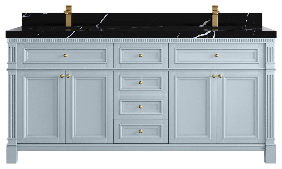 Paris 72" Double Sink Bathroom Vanity, Blue Heather 2" Calacatta Black