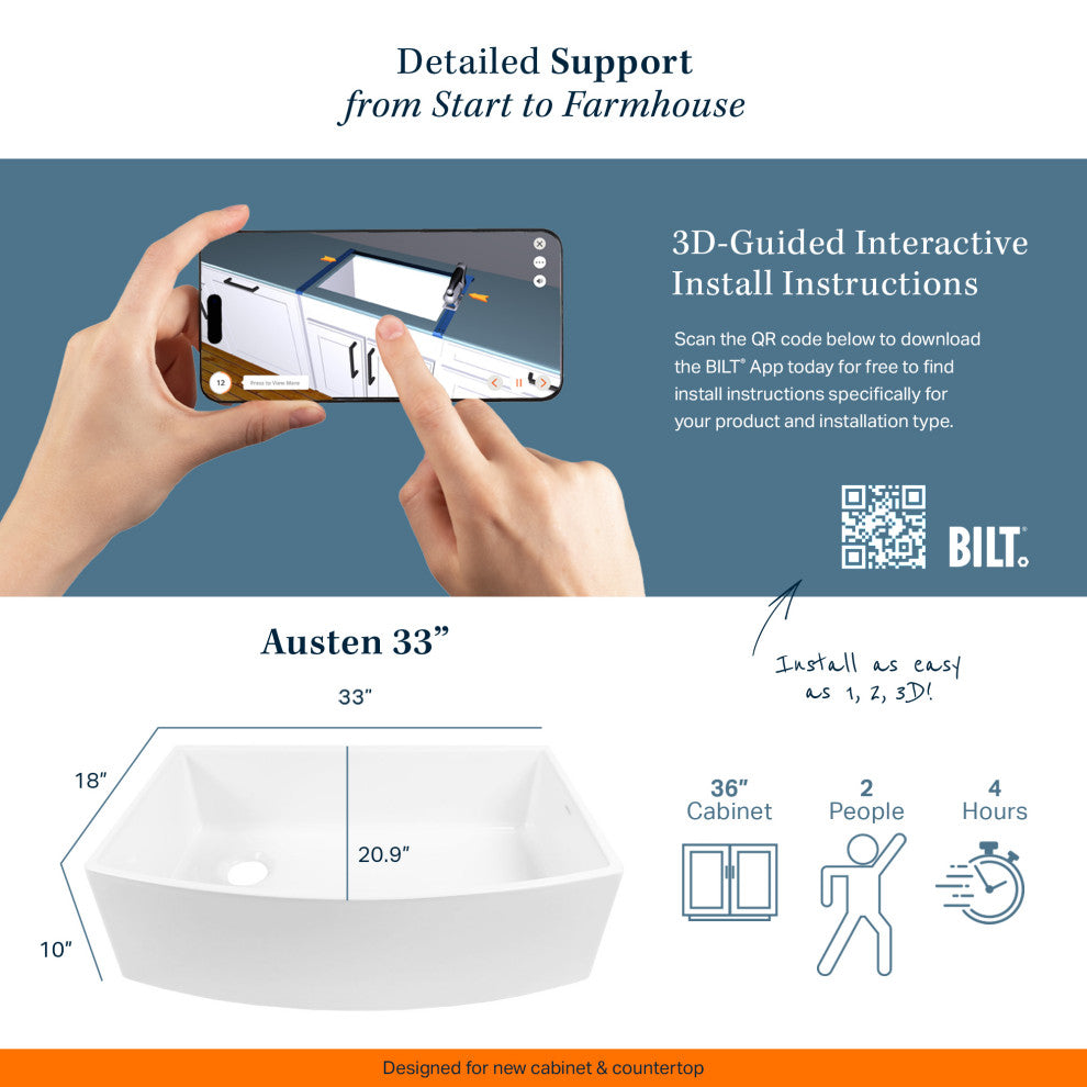 Austen Crisp White Fireclay 33" Single Bowl Bow Front Undermount Kitchen Sink